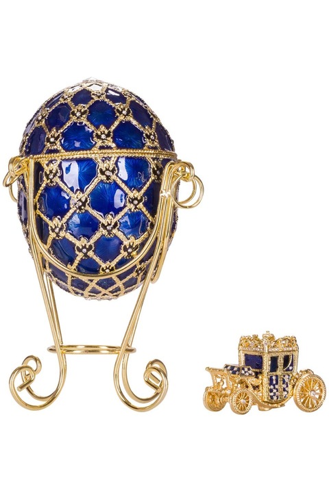 Cutie de bijuterii, Ou de incoronare imperiala in stil Faberge cu trasura, 19 cm, albastru