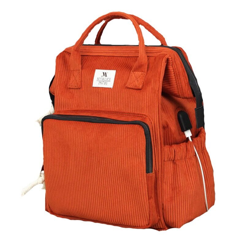 Rucsac pentru mamici din catifea, cu mufa USB, Anne, portocaliu