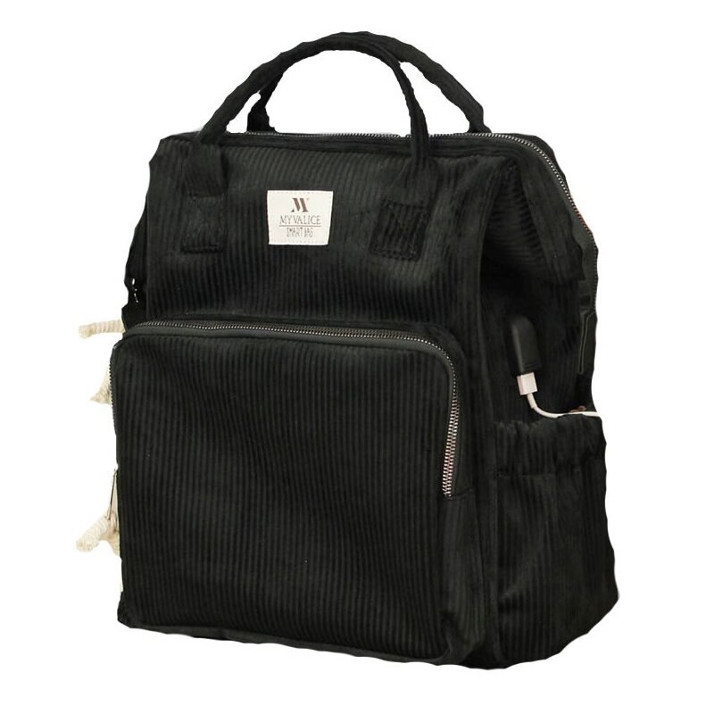 Rucsac pentru mamici din catifea, cu mufa USB, Anne, negru