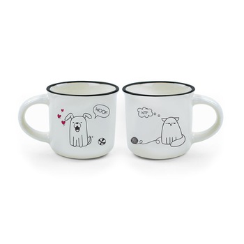 Set 2 cesti - Espresso For Two - Dog and Cat, Portelan, 50 ml, Alb Set 2 cesti - Espresso For Two - Dog and Cat, Portelan, 50 ml, Alb