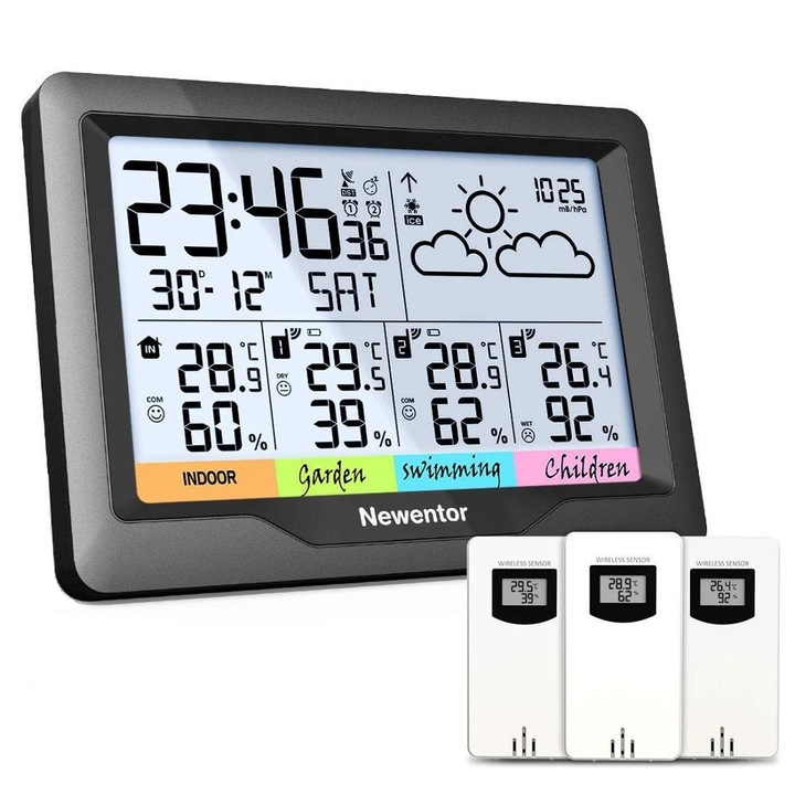 Statie meteo digitala Newentor Q5 cu 4 senzori, pentru interior sau exterior ( 1+3 ) ,monitorizare temperatura umiditate, prognoza statii meteo cu lumina de fundal , ceas digital, calendar