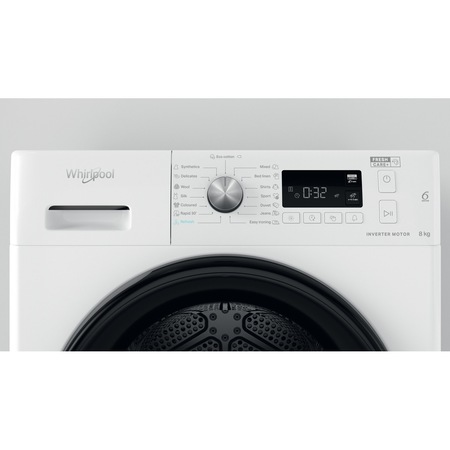 Uscator de rufe Whirlpool FFTM1182BEE, Pompa de caldura, 8 kg, Clasa A++, Motor Inverter, Freshcare+, Tehnologia al 6-lea Simt, Alb