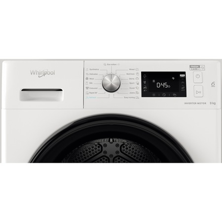 Uscator de rufe Whirlpool FFTM229X2BEE, Pompa de caldura, 9 kg, Clasa A++, Motor Inverter, Freshcare+, Tehnologia al 6-lea Simt, Alb