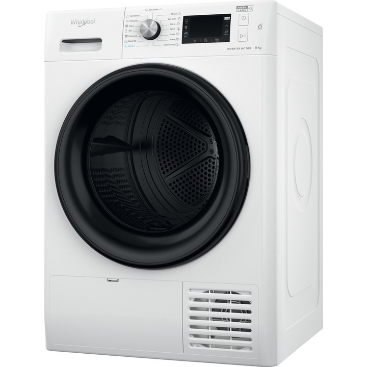 Uscator de rufe Whirlpool FFTM229X2BEE, Pompa de caldura, 9 kg, Clasa E, Motor Inverter, Freshcare+, Tehnologia al 6-lea Simt, Alb