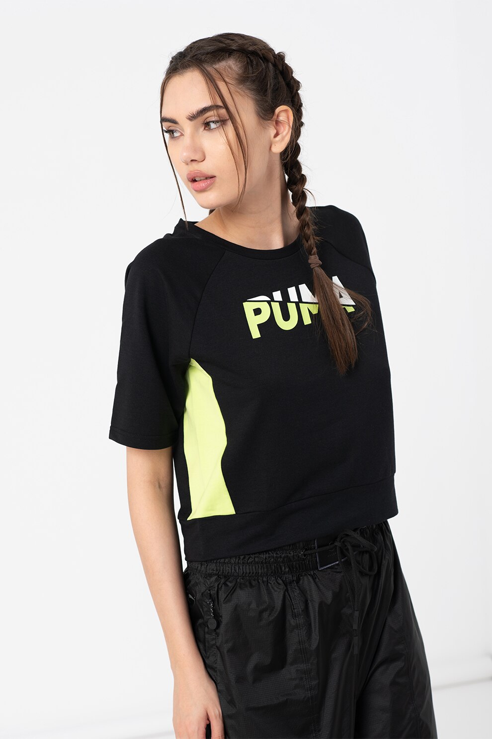 Puma, Tricou cu imprimeu logo Modern Sports, Negru/Verde neon