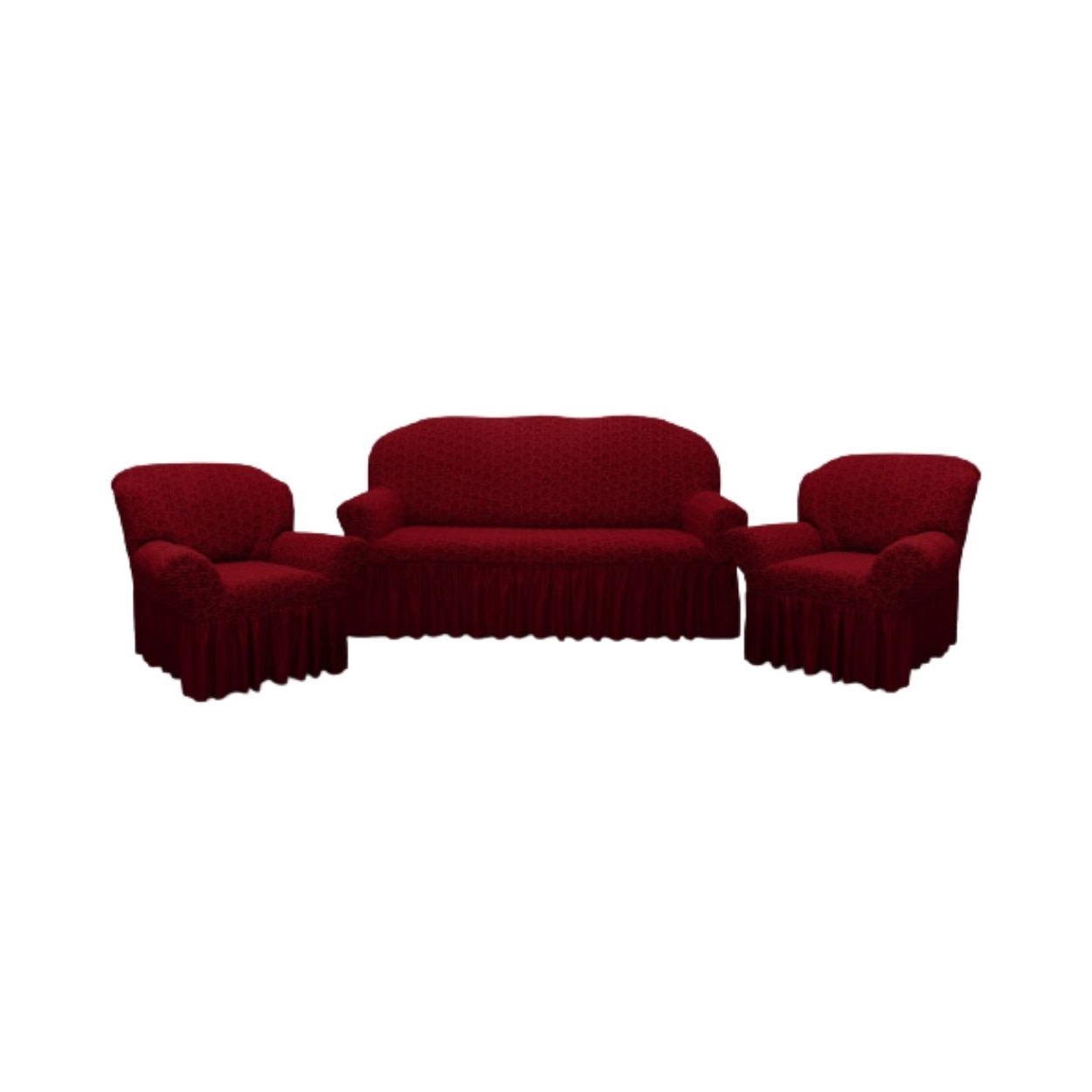 Set Huse Multielastice Jacquard, Pentru Canapea 3 Locuri si 2 Fotolii, Cu Volan, Model 2, Bordo