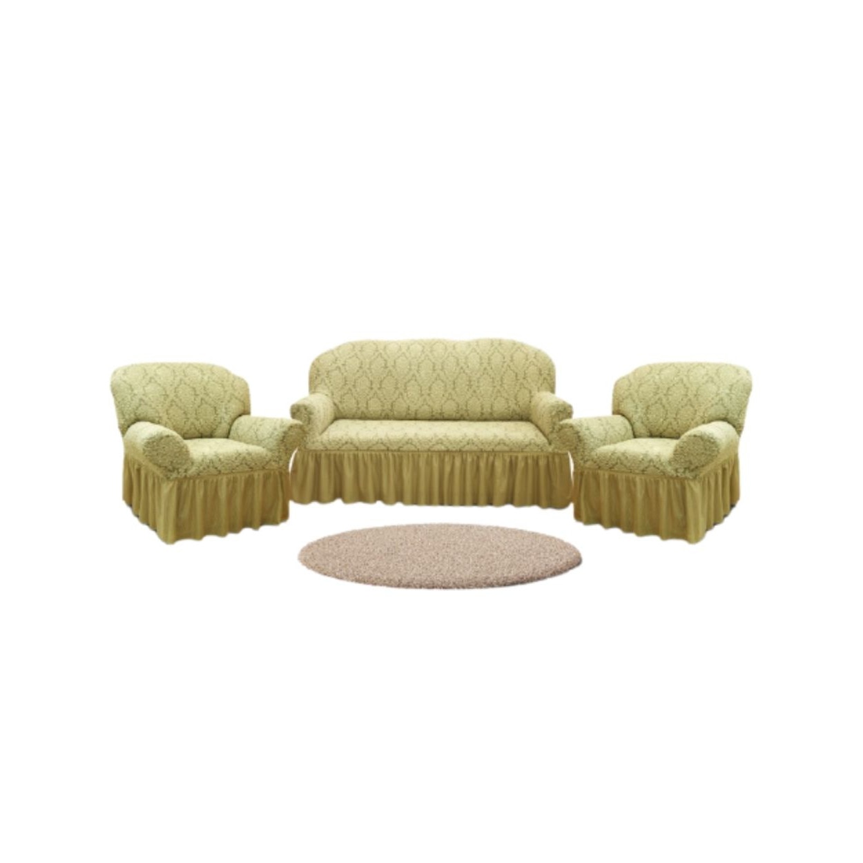 Set Huse Multielastice Jacquard, Pentru Canapea 3 Locuri si 2 Fotolii, Cu Volan, Model 1, Crem