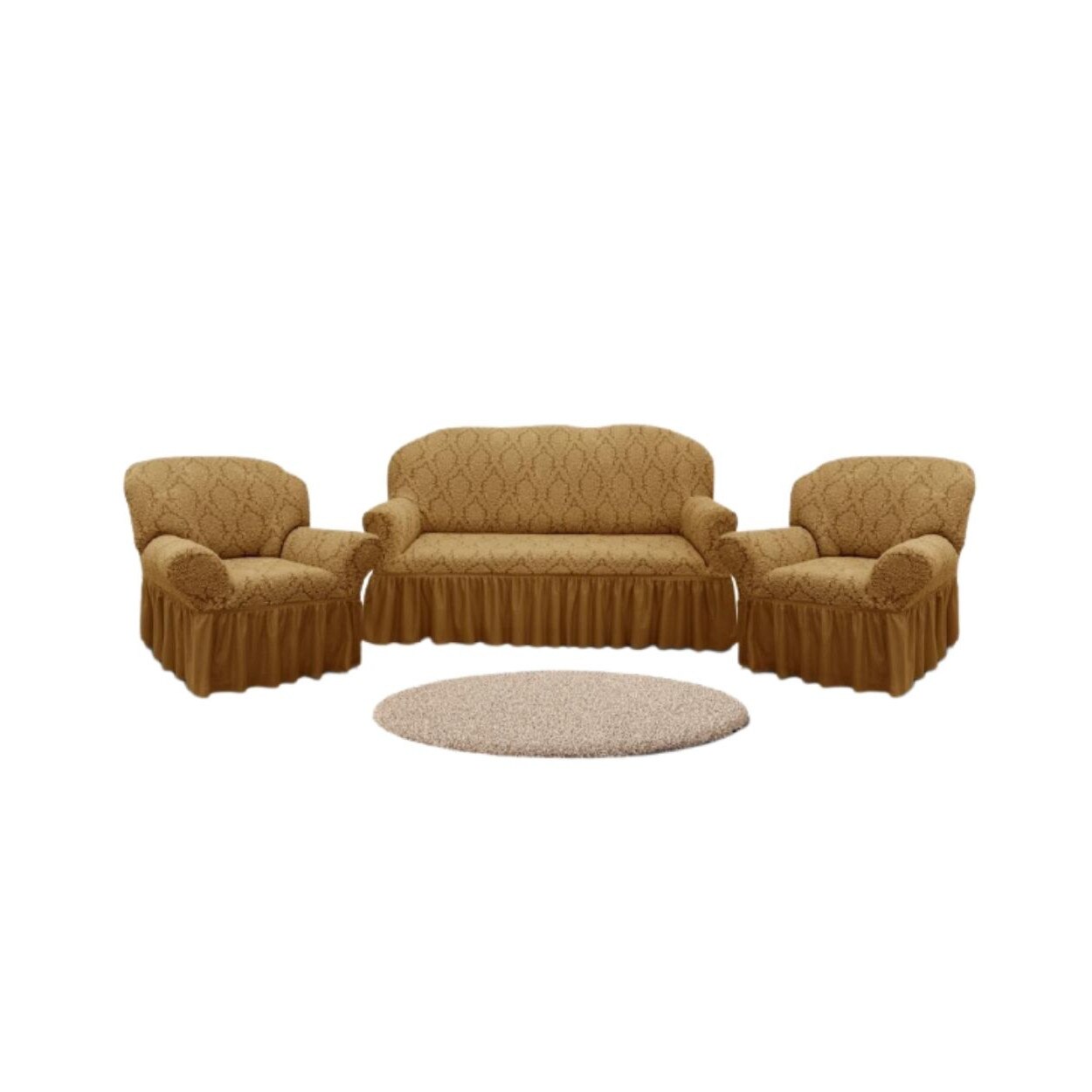 Set Huse Multielastice Jacquard, Pentru Canapea 3 Locuri si 2 Fotolii, Cu Volan, Model 1, Bej