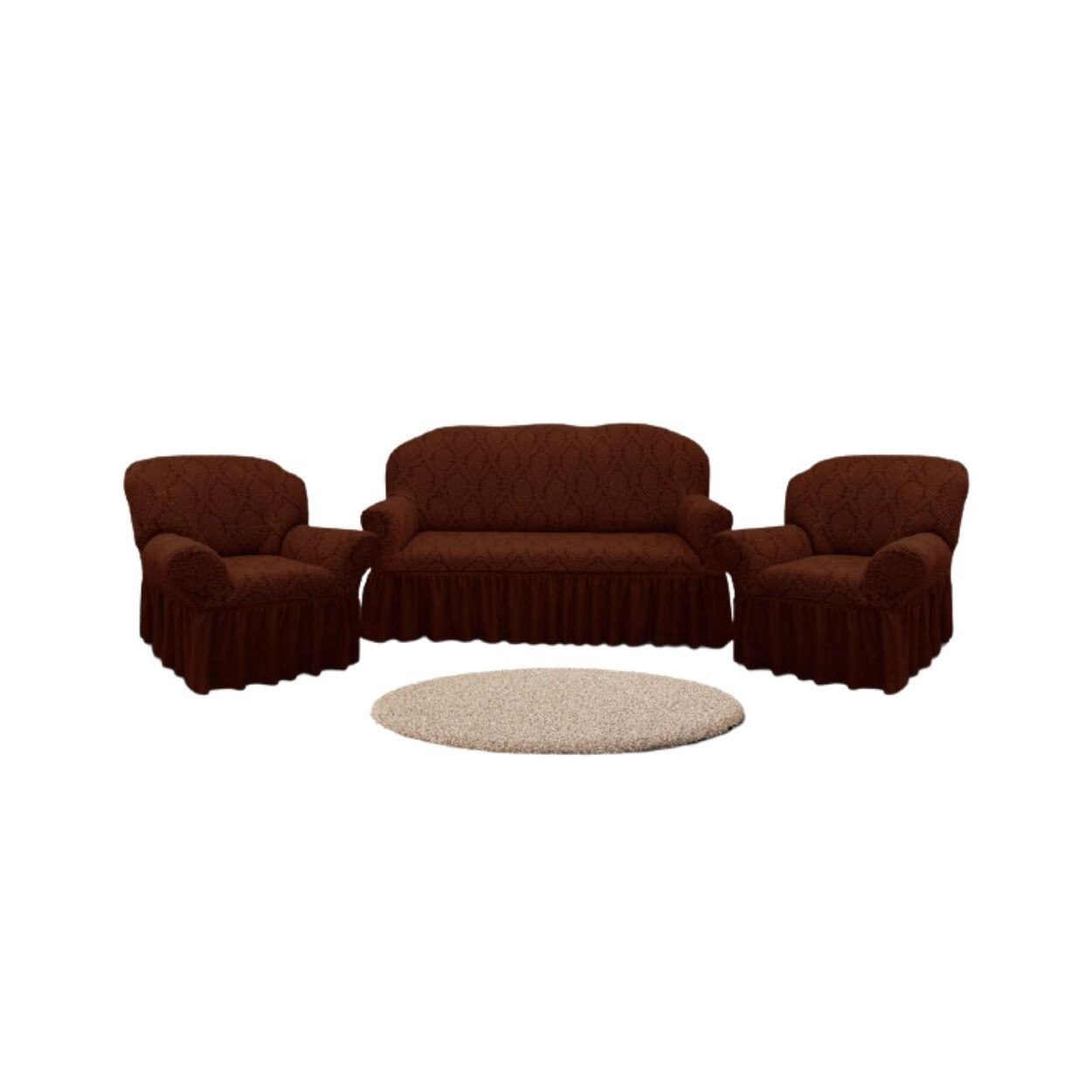 Set Huse Multielastice Jacquard, Pentru Canapea 3 Locuri si 2 Fotolii, Cu Volan, Model 1, Maro Inchis