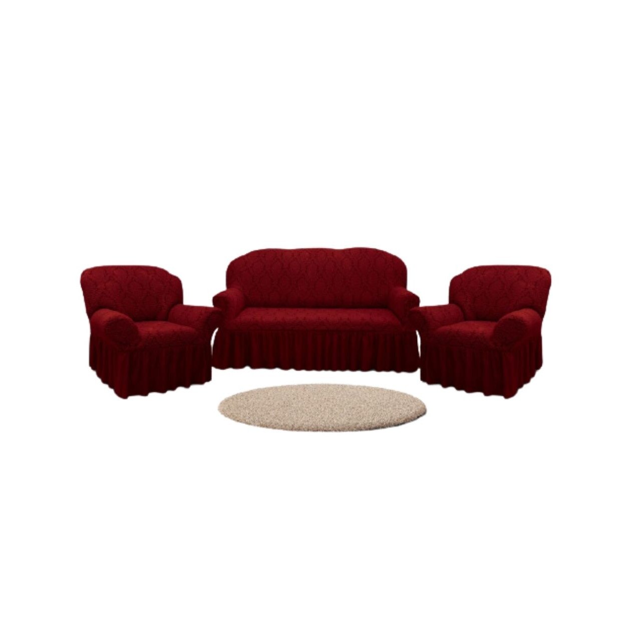 Set Huse Multielastice Jacquard, Pentru Canapea 3 Locuri si 2 Fotolii, Cu Volan, Model 1, Bordo