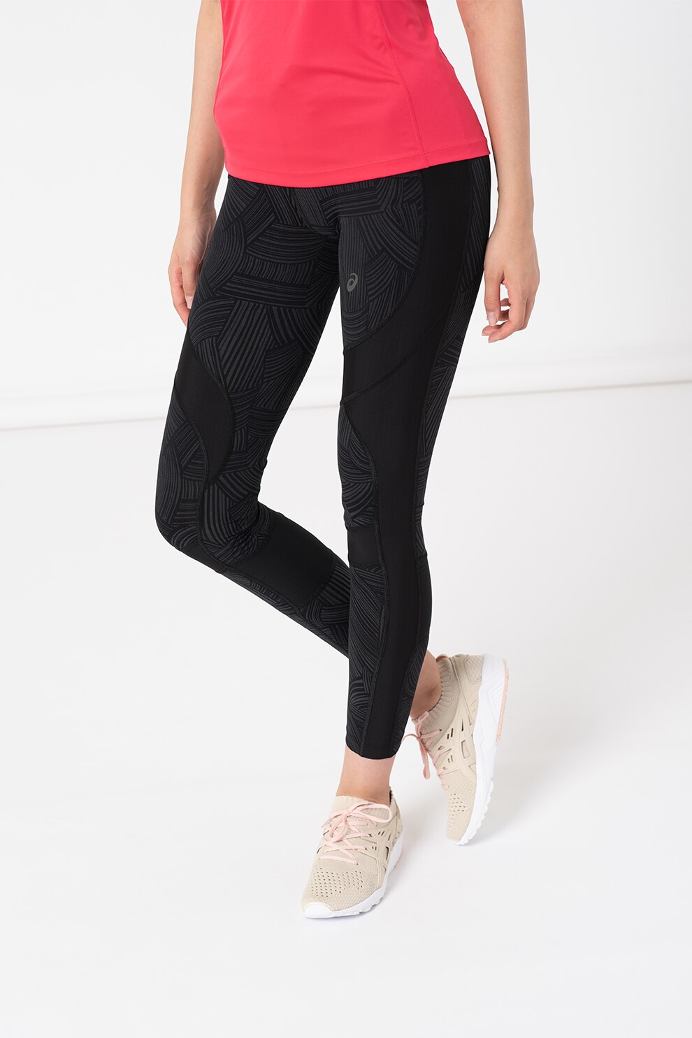 Asics, Colanti crop cu logo pentru fitness, Negru/Gri