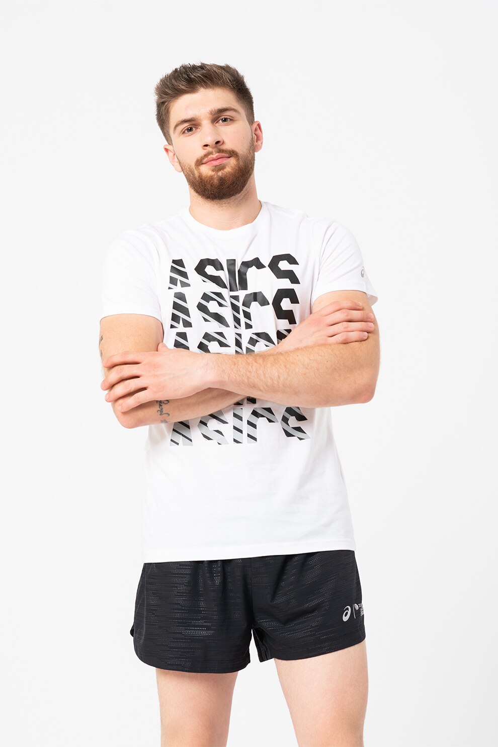 Asics, Tricou cu imprimeu logo pentru fitness Gpx, Alb/Negru/Gri cenusa