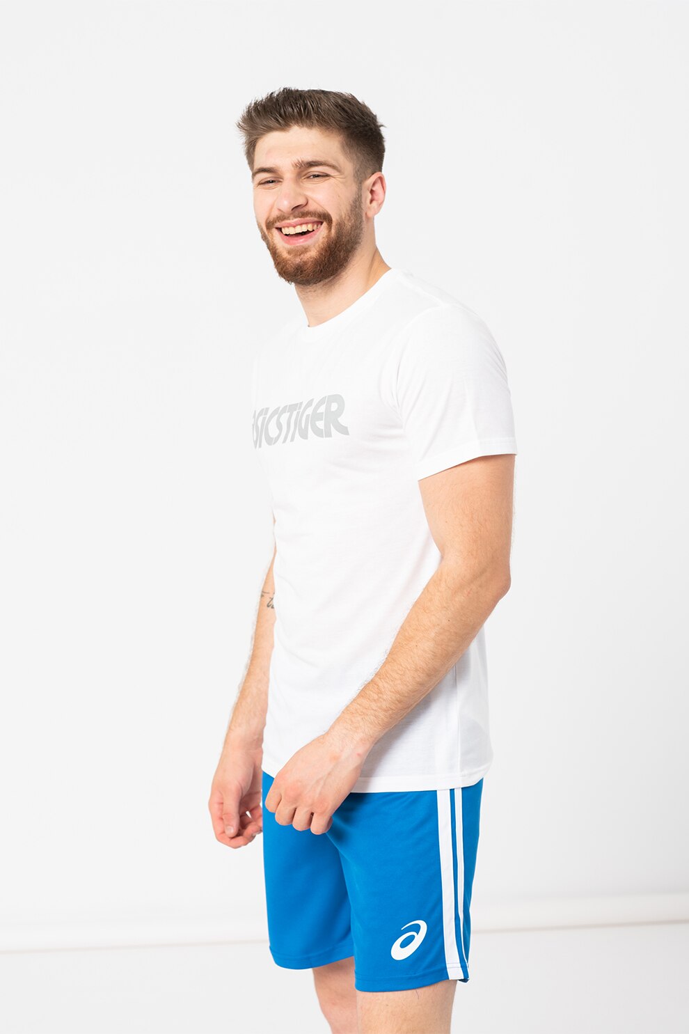 Asics, Tricou cu decolteu la baza gatului si logo pentru antrenament, Alb/Gri