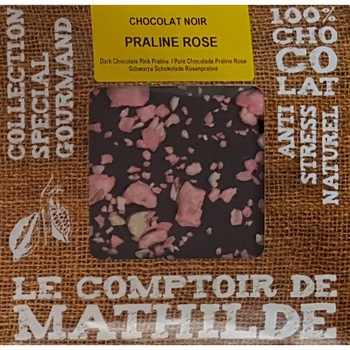 Tableta de ciocolata Comptoir de Mathilde neagra cu pralina roz Tableta de ciocolata Comptoir de Mathilde neagra cu pralina roz
