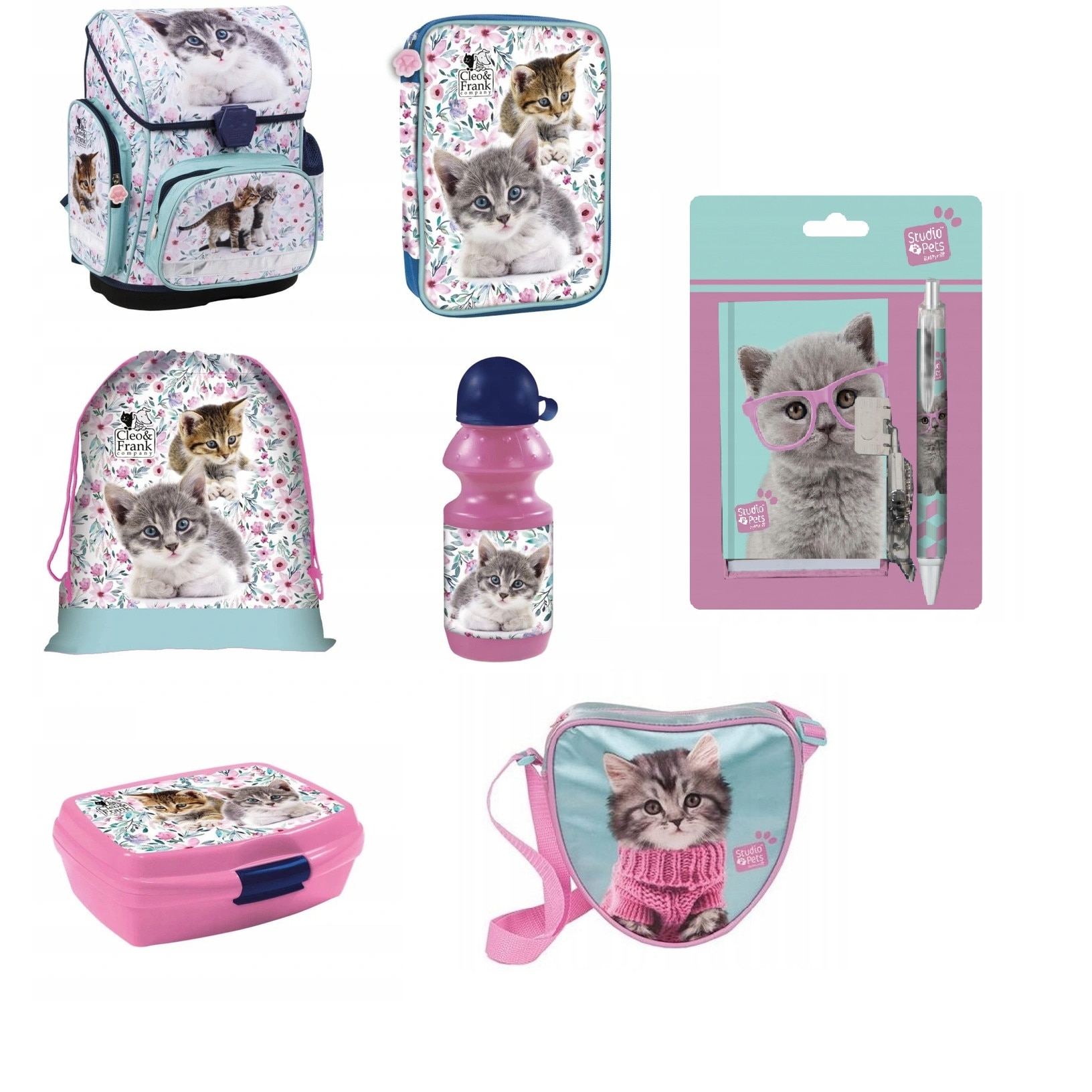 Set ghiozdan scoala cleo and frank, penar, geanta pliabila incaltaminte, sticla de apa, Cutie pentru alimente, Caiet de notite si pix, Sac incaltaminte, multicolor