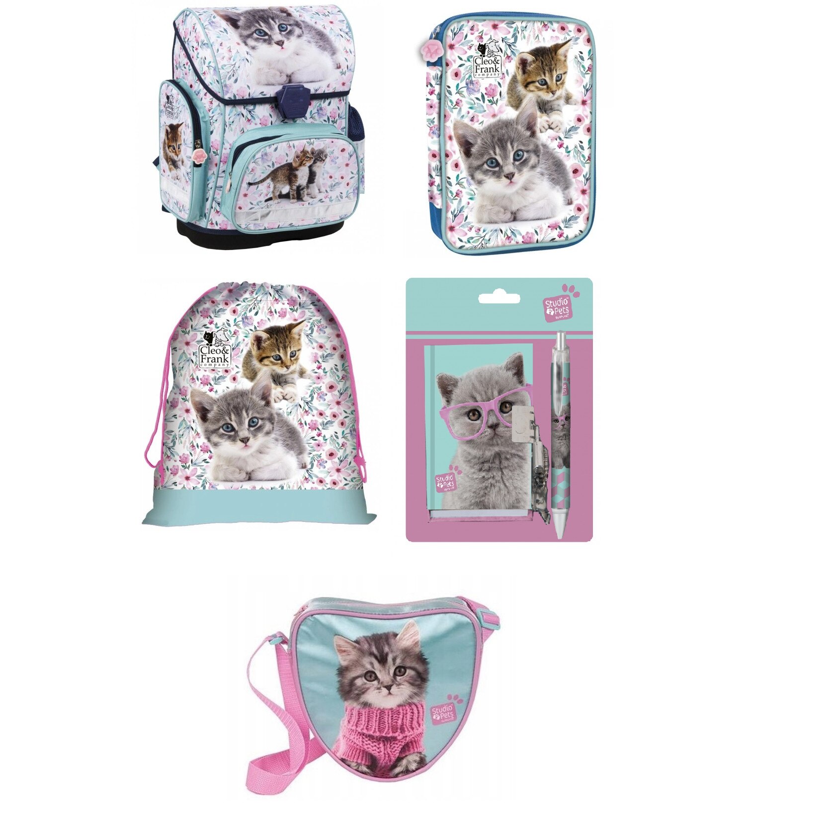 Set ghiozdan scoala cleo and frank, penar, geanta pliabila incaltaminte, Caiet de notite si pix, Sac incaltaminte, multicolor