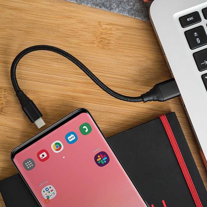 Rövid töltő- és adatátviteli kábel, 20 cm, USB - Type C (USB-C), 3A, G-Tech, Fekete