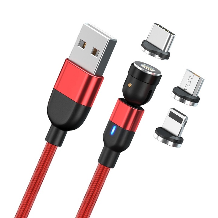 Кабел за бързо зареждане и пренос на данни, магнитен, 3 в 1 Lightning, Type-C, micro-USB ротация 540 градуса, Дължина 1 метър Червен