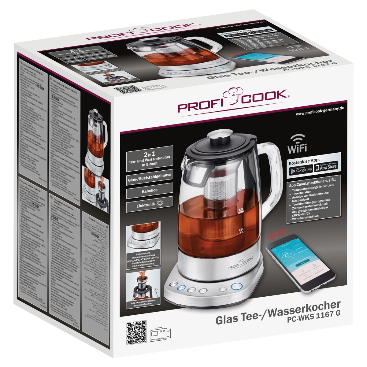 Кана за чай ProfiCook, PC-WKS 1167 G, 2200 W, 1.5 l, Wi-Fi управление