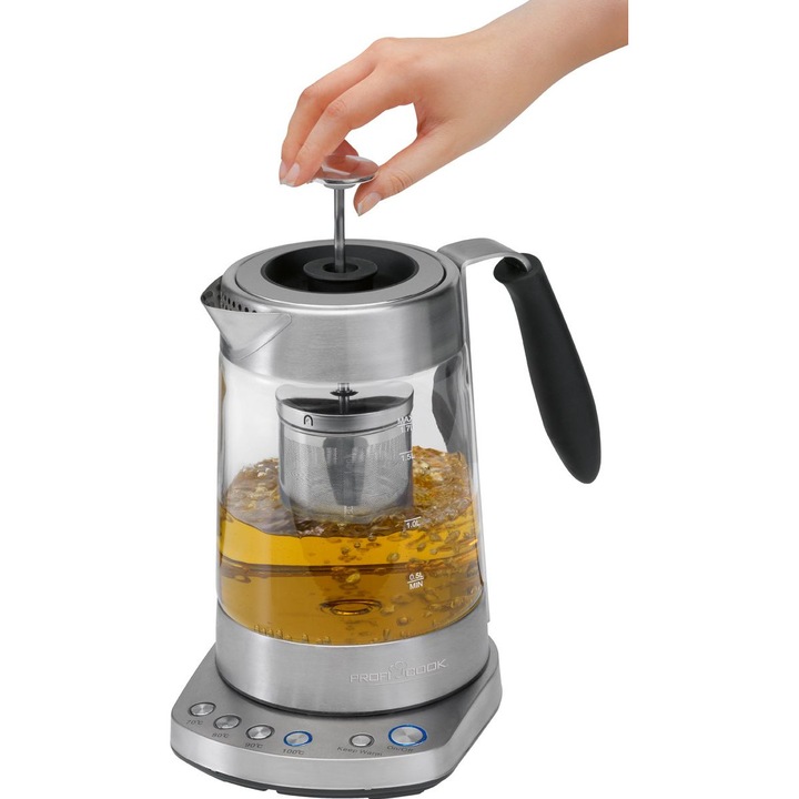 Fierbator cu infuzor pentru ceai ProfiCook, PC-WKS 1020 G,1,7 l, 3000 W, oprire automata, capac cu filtru, control al temperaturii, protectia impotriva supraincalzirii, inox