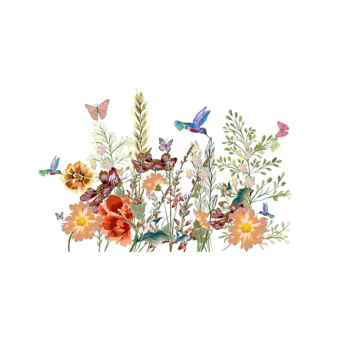 Sticker floral cu pasari Colibri si fluturi, 55x75 cm, multicolor
