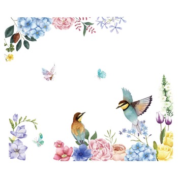 Sticker decorativ perete sau geam , model floral cu pasari si fluturi, 94x110 cm, multicolor Sticker decorativ perete sau geam , model floral cu pasari si fluturi, 94x110 cm, multicolor