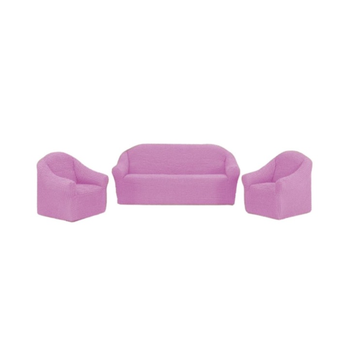 Rugalmas és krepp huzat fodros nélkül, 3 személyes kanapé és 2 fotel, rózsaszín
