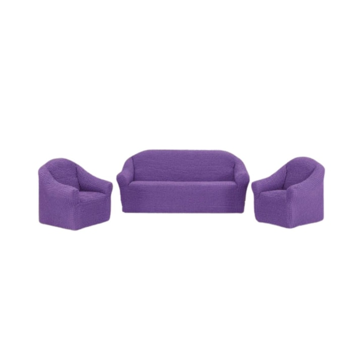 Rugalmas és krepp huzat fodros nélkül, 3 személyes kanapé és 2 fotel, lila