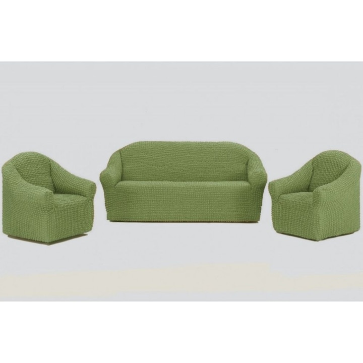 Rugalmas és krepp huzat fodros nélkül, 3 személyes kanapé és 2 fotel, zöld