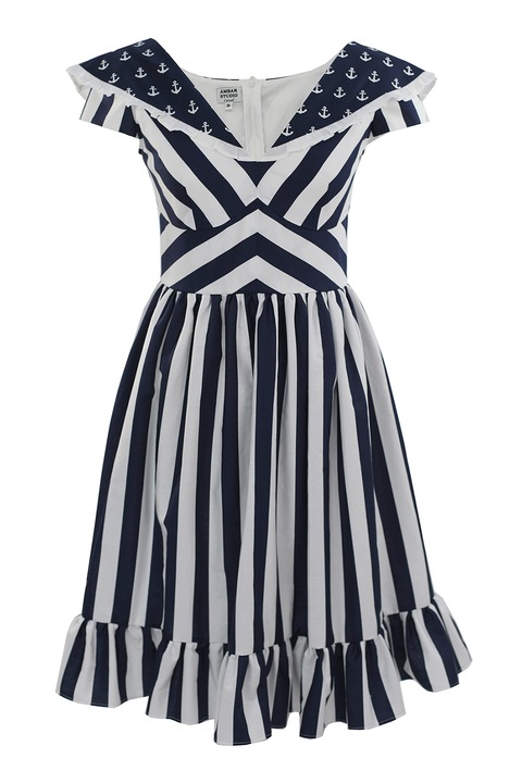 ambar studio, Casiana bővülő csíkos ruha, Fehér/Tengerészkék