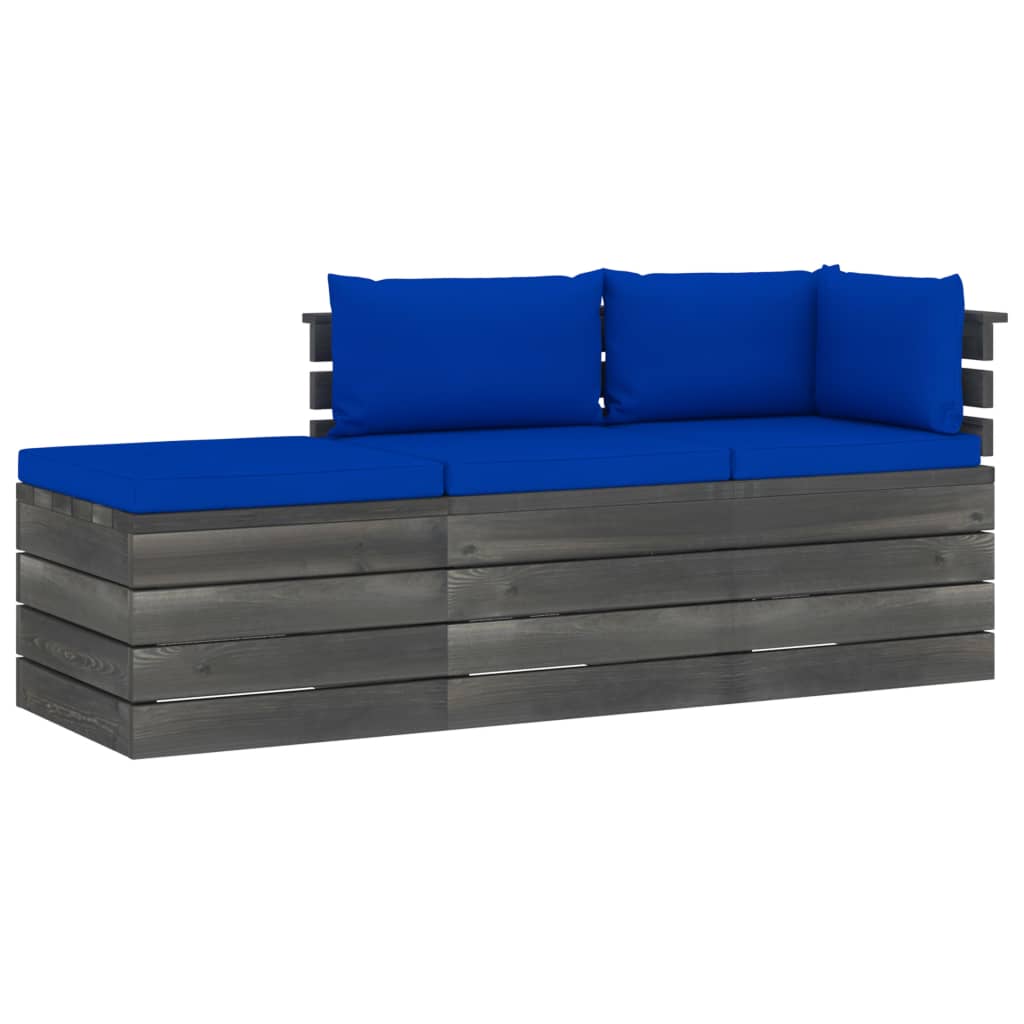 Set mobilier de gradina cu 1 taburet si 2 canapele cu spatar cu perne, vidaXL, Lemn, 60 x 65 x 71.5cm, Albastru