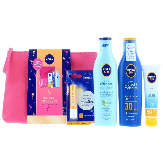 Set 5 piese,Nivea sun,Lotiune dupa plaja 200 ml,Crema de plaja SPF 30 200ml,Crema de fata Shine Control SPF 50,50ml,Balsam buze SPF 30,Geanta