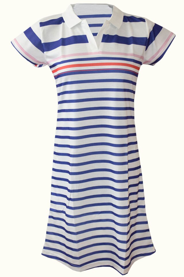 Rochie din bumbac Serena, imprimeu dungi, Alb cu dungi multicolore