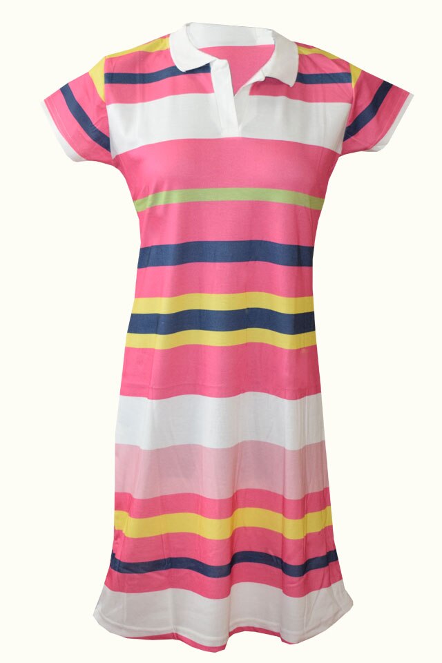 Rochie din bumbac Serena, imprimeu dungi, Roz/Galben