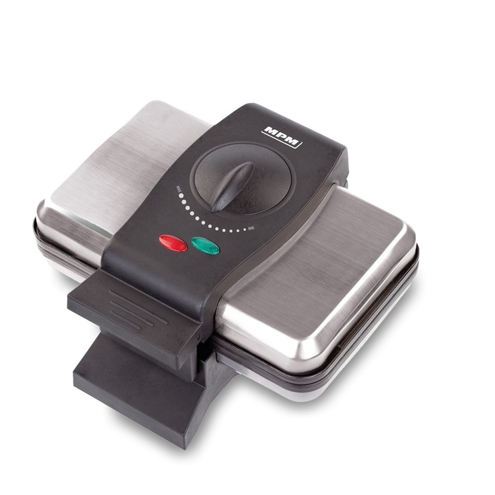 Aparat pentru vafe MPM, 2 vafe belgiene groase, Antiaderente, Regulator de temperatura, Carcasa la atingere la rece, Argintiu