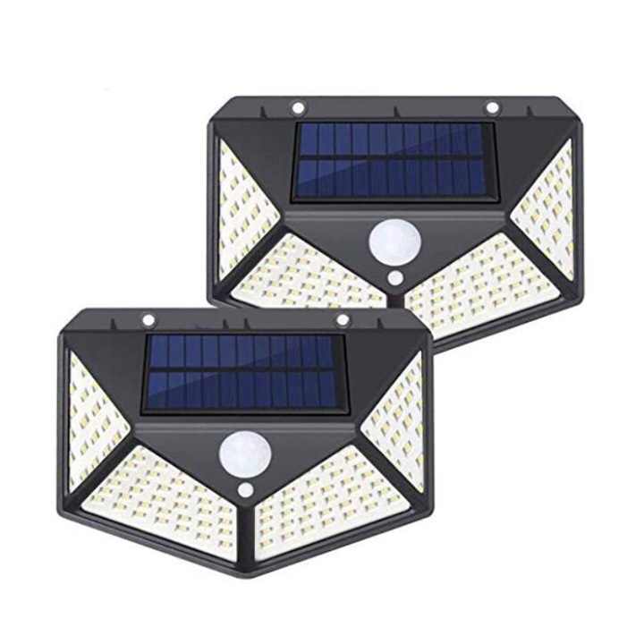 Set 2 Lampi solare pentru exterior Kosiil, 100 LED-uri, impermeabile, iluminare 270 °, 3 moduri automate, Negru