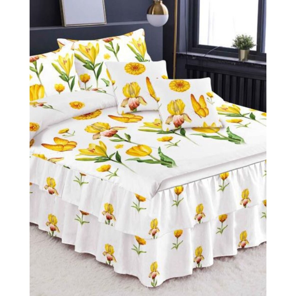 Set Lenjerie Finet Satinat cu Volanase, 6 Piese, Pat 2 Persoane, FNVC-75