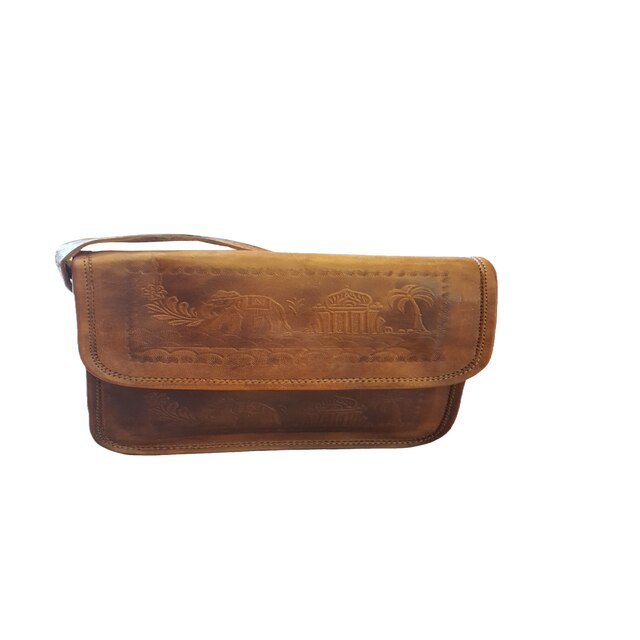 Geanta cu clapeta, cu bareta ajustabila, inchidere cu capse metalice, Sadhana, Piele naturala, culoare camel, cu model oriental