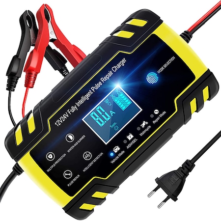 Redresor smart acumulatori auto - moto, Vaxiuja®, 12V / 24V, 8A viteza maxima incarcare, Reglarea tensiunii, functie de reparare acumulator prin impulsuri, Ecran tactil, LCD, Negru/Galben