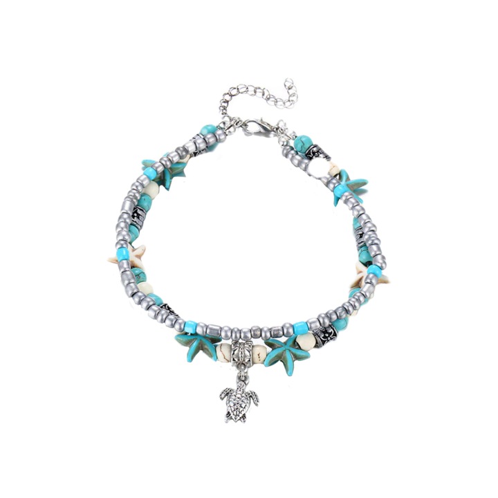 Set 2 bratari de picior cu margele si talismane, turcoaz, aliaj metalic