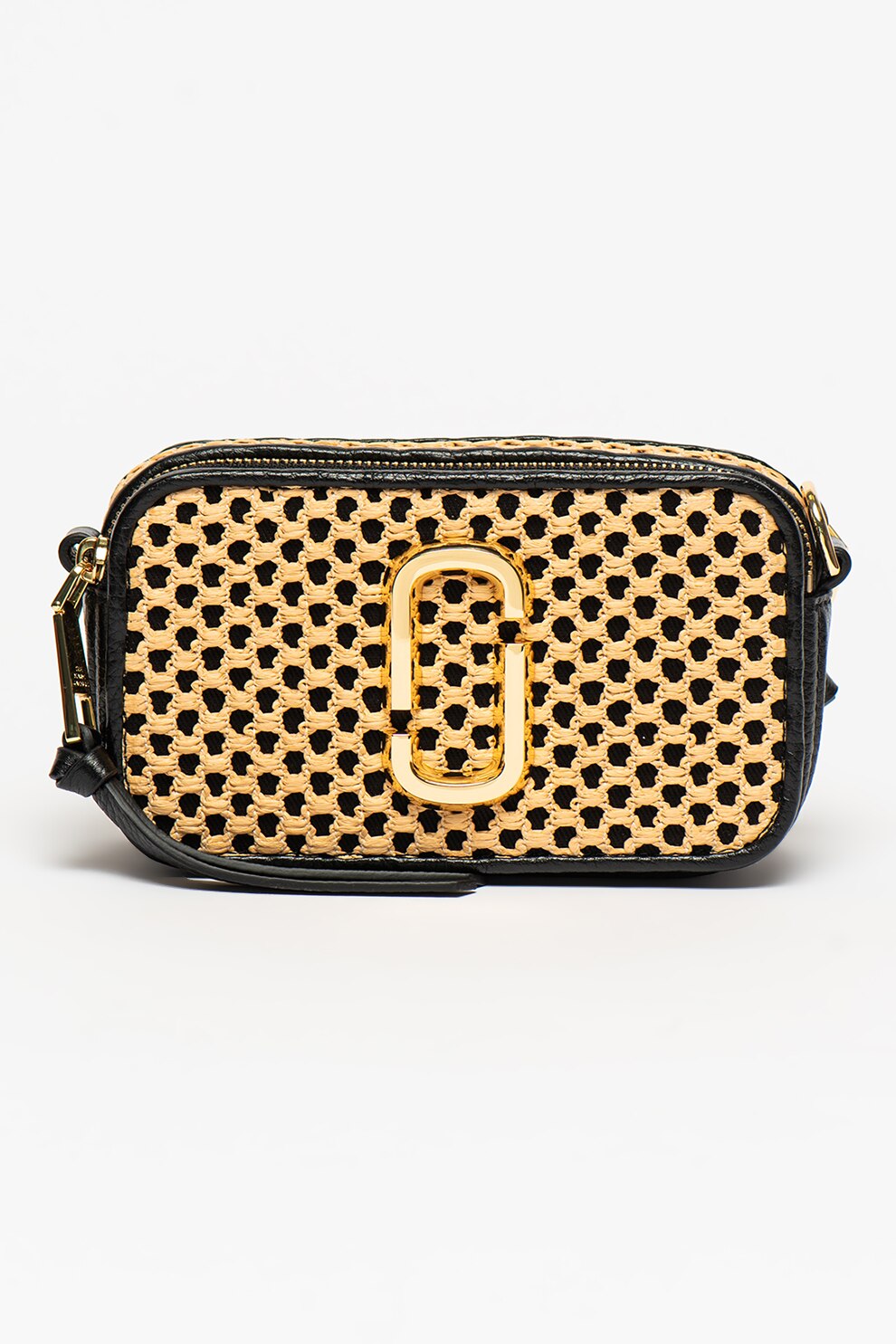 Marc Jacobs, Geanta crossbody de piele cu aplicatie logo metalica Cane, Negru/Bej