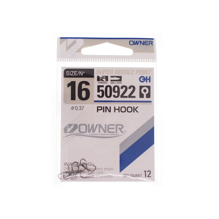 Set 12 bucati carlige, Owner, Pin Hook cu ochet 50922, culoare Black Chrome, marimea 16