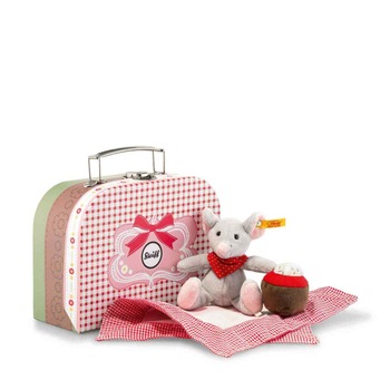 Soricel de plus, Steiff, in valiza de picnic, Gri, 20 cm Soricel de plus, Steiff, in valiza de picnic, Gri, 20 cm