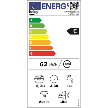 Masina de spalat rufe Beko EWTV8836XS2D, 8 kg, 1600 RPM, Clasa C, Motor ProSmart Inverter, HomeWhiz, SteamCure, AddGarment, Autodosing, Alb