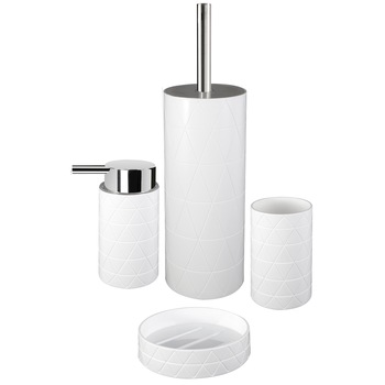 Set accesorii baie Idrobric Bridge: Pahar periute dinti, Sapuniera, Dispenser sapun lichid, Perie WC cu suport inchis, rasina termoplastica cu efect metalizat, Alb Set accesorii baie Idrobric Bridge: Pahar periute dinti, Sapuniera, Dispenser sapun lichid, Perie WC cu suport inchis, rasina termoplastica cu efect metalizat, Alb