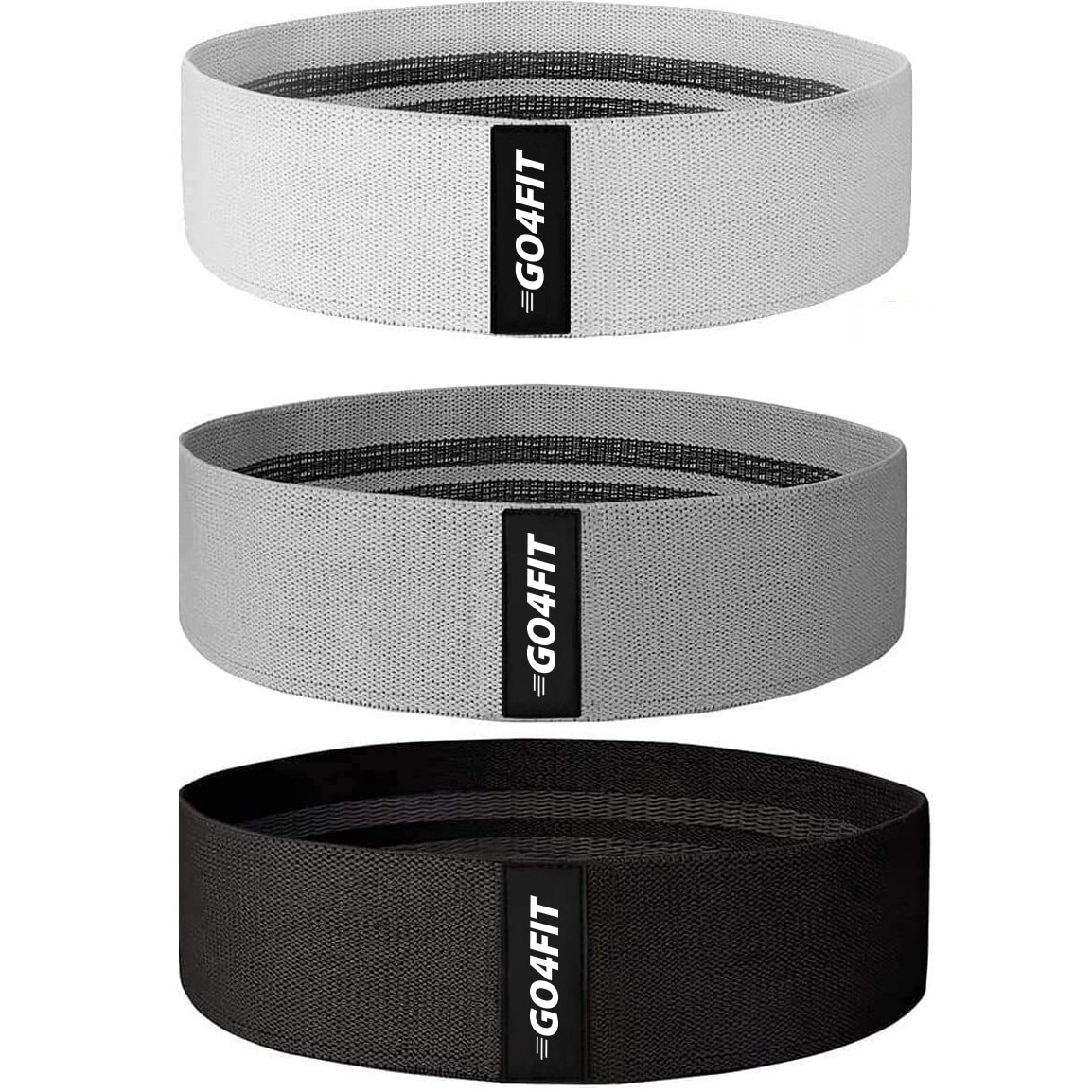 Set 3 benzi elastice din material, GO4FIT, 3 niveluri de rezistenta, saculet inclus, Gri/Negru
