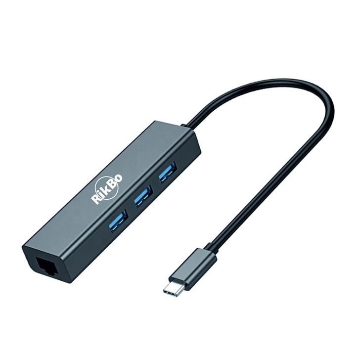 Hub USB C 4 in 1 RikBo®, 3 x USB 3.0, 1 x Gigabit Ethernet RJ45