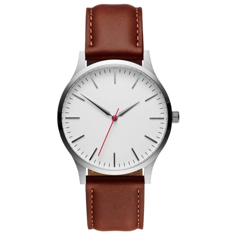Ceas rotund cu o curea din piele, ASKSA, simplu si elegant, argint/rosu
