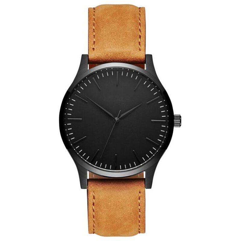 Ceas rotund cu o curea din piele, ASKSA, simplu si elegant, negru/maro