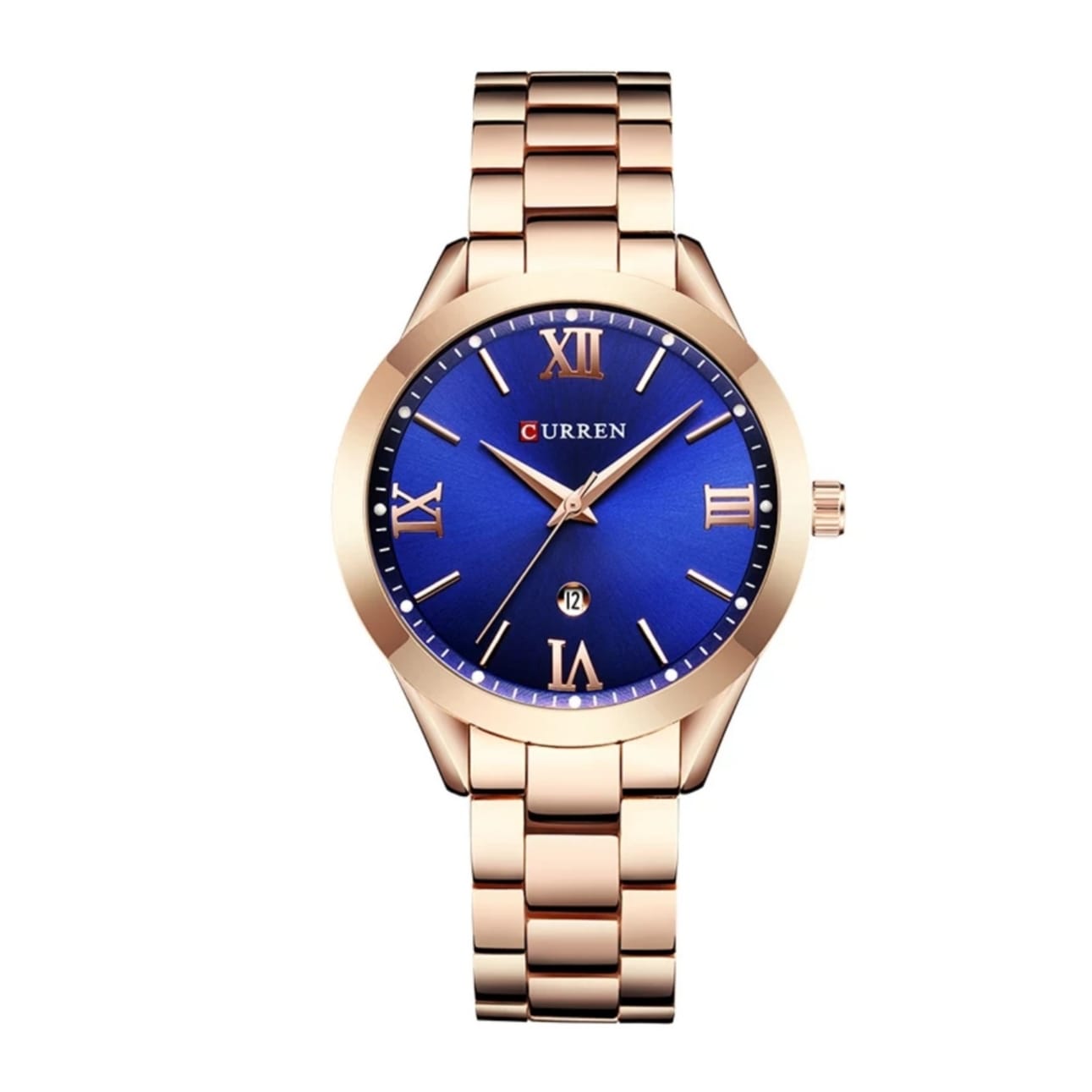 Ceas dama Curren Blanche C9007BRG afisaj data indici fosforescenti bratara auriu rose cadran albastru